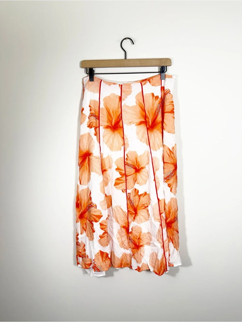 Anthropologie Farm Rio Orange White Floral Contrast Midi Skirt Size Medium